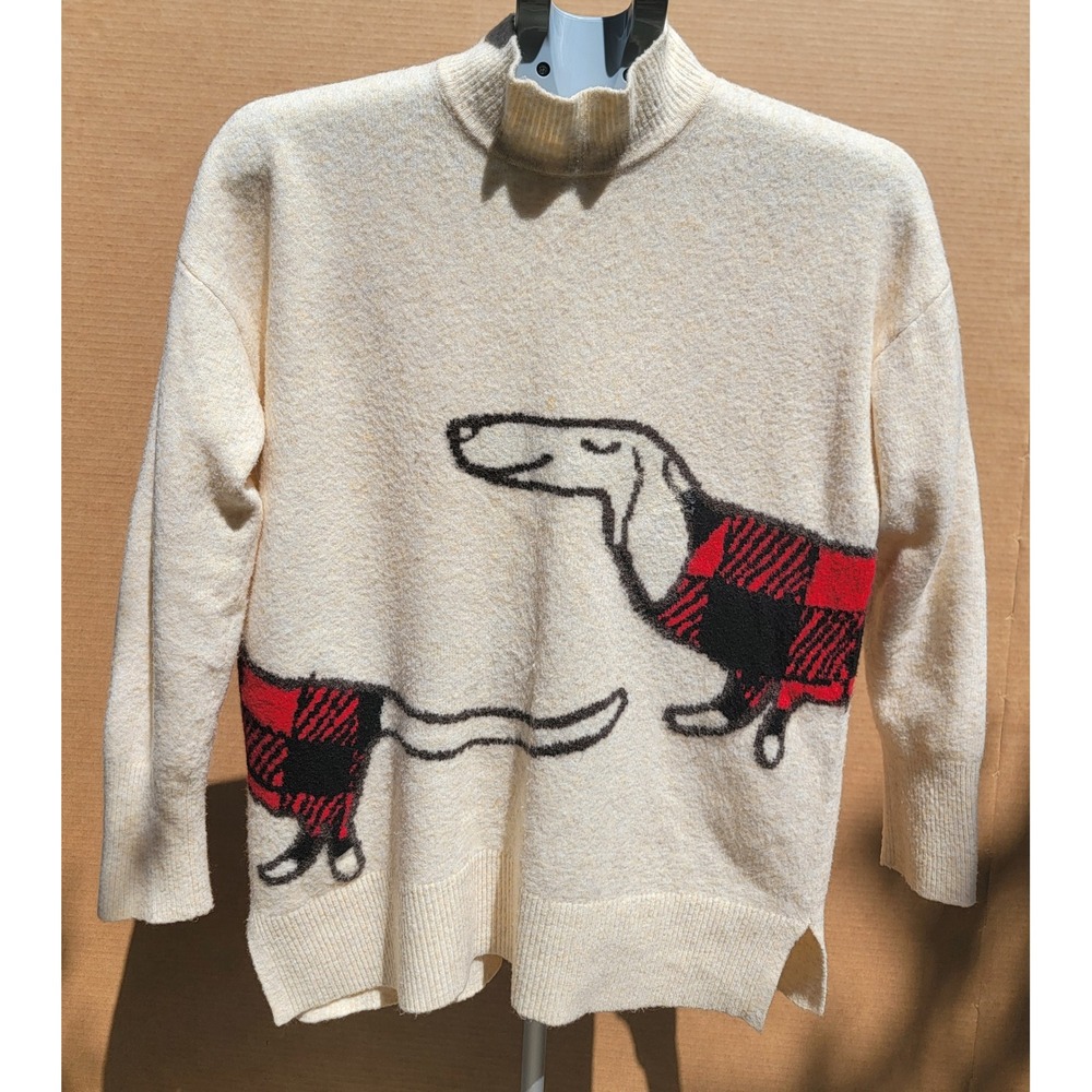 Loft Womens Cream Dachshund Dog Buffalo Plaid Mock Neck Sweater Medium